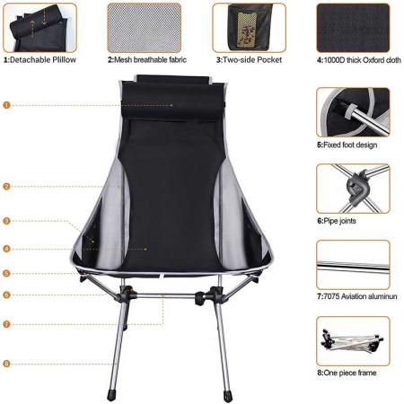 뜨거운 판매 초경량 접이식 캠핑 의자, 컴팩트 휴대용 배낭 의자 - 높은 등받이 