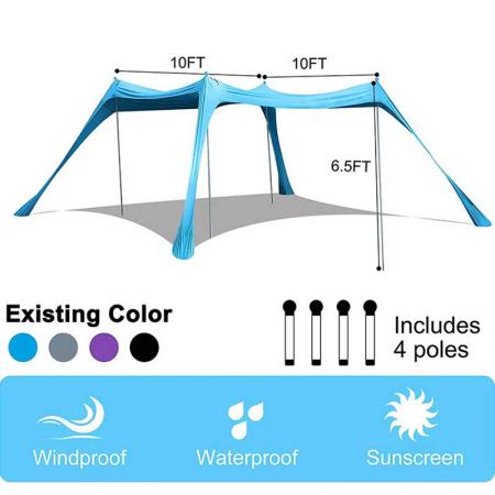UPF50 UV 보호 비치 텐트, 4개의 알루미늄 기둥, 4개의 기둥 앵커, 4개의 샌드백 앵커 대형 및 휴대용 쉼터 방수포
 