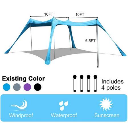 태양 그늘 캐노피는 해변 캠핑 및 야외 활동을 위한 알루미늄 기둥이 있는 해변 텐트 UPF50+를 나타냅니다.
 