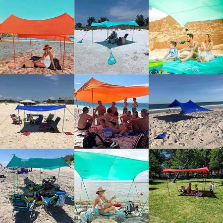 해변 태양 그늘 캐노피는 해변 캠핑 및 야외 활동을 위한 알루미늄 기둥이 있는 해변 텐트 UPF50+를 나타냅니다.
 