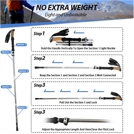 코르크 손잡이가 있는 5단 접이식 7075 항공 알루미늄 트레킹 폴 (맞춤 제작, OEM 옵션) 