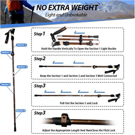 초경량 6061 알루미늄 합금 5단 접이식 트레킹 폴, 모던한 디자인, 높이 조절 가능, EVA 손잡이 
