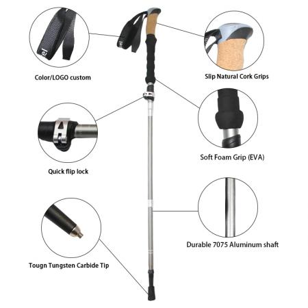 코르크 손잡이가 있는 5단 접이식 7075 항공 알루미늄 트레킹 폴 (맞춤 제작, OEM 옵션) 
