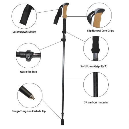 알루미늄 합금 접이식 지팡이, 코르크 손잡이, 고무 팁이 있는 높이 조절 가능한 등산/트레킹 폴 