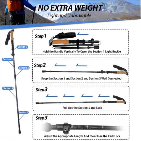 알루미늄 합금 접이식 지팡이, 코르크 손잡이, 고무 팁이 있는 높이 조절 가능한 등산/트레킹 폴 