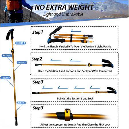 5개 부분으로 접히는 노르딕 확장형 알루미늄 트레킹 하이킹 폴 1쌍 