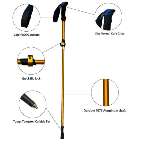 5개 부분으로 접히는 노르딕 확장형 알루미늄 트레킹 하이킹 폴 1쌍 
