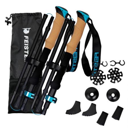 알루미늄 코르크 손잡이 접이식 트레킹 폴, 길이 조절 가능(110-130cm), 접이식 디자인, 경량, 빠른 잠금 기능, 미끄럼 방지 팁 