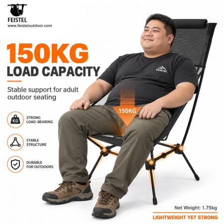 하이백 메시 캠핑 의자 – 1.75kg 휴대용 접이식 의자, 150kg 하중 및 43cm 시트 높이 