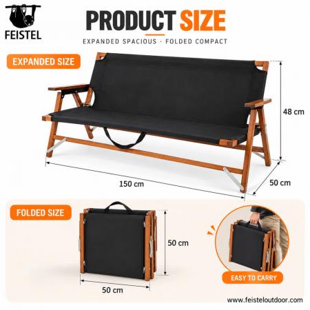 2인용 캠핑 의자 – 너비 116cm 너도밤나무 접이식 캠핑 러브시트, 250kg 하중 