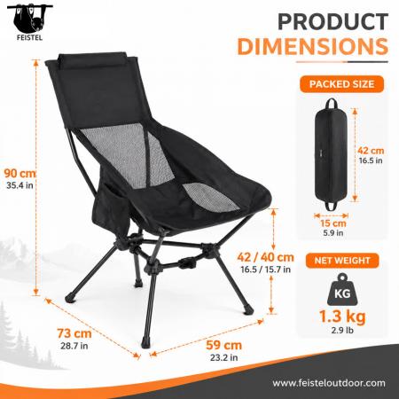 톨 캠핑 체어 – 7075 알루미늄 프레임, 600D 폴리에스터 메시 및 150kg 하중을 갖춘 경량 하이백 폴딩 캠핑 체어 